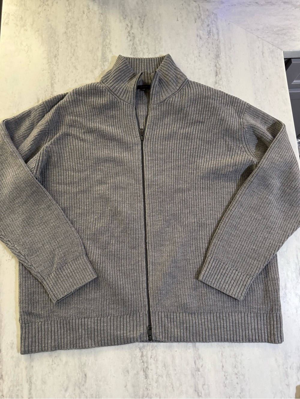 Quince Australian Merino Wool Men’s Full Zip Ribbed Comfy Sweater in Grey XXL